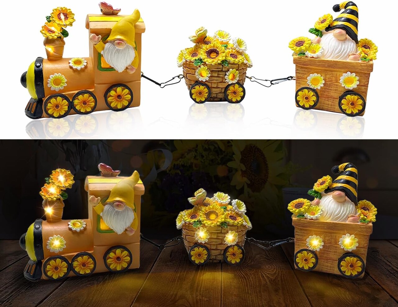 Sunflower Train Decor with LED Lights – Lighted Tabletop Centerpiece with Gnome Figurines, Yellow Farmhouse Indoor & Outdoor Party Home Decoration